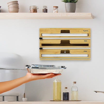 3 Grids Bamboo Food Wrap Dispenser Cutter Foil Cling Film Storage Holder Box Kitchen.