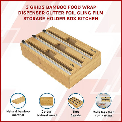 3 Grids Bamboo Food Wrap Dispenser Cutter Foil Cling Film Storage Holder Box Kitchen.