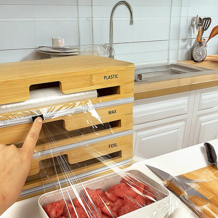 3 Grids Bamboo Food Wrap Dispenser Cutter Foil Cling Film Storage Holder Box Kitchen.