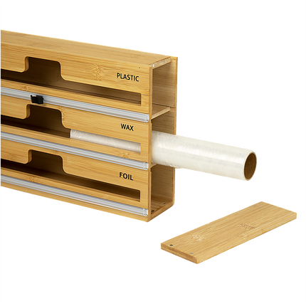3 Grids Bamboo Food Wrap Dispenser Cutter Foil Cling Film Storage Holder Box Kitchen.