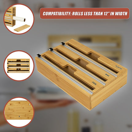3 Grids Bamboo Food Wrap Dispenser Cutter Foil Cling Film Storage Holder Box Kitchen.