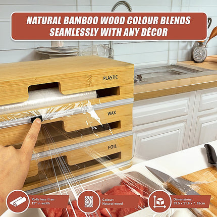 3 Grids Bamboo Food Wrap Dispenser Cutter Foil Cling Film Storage Holder Box Kitchen.