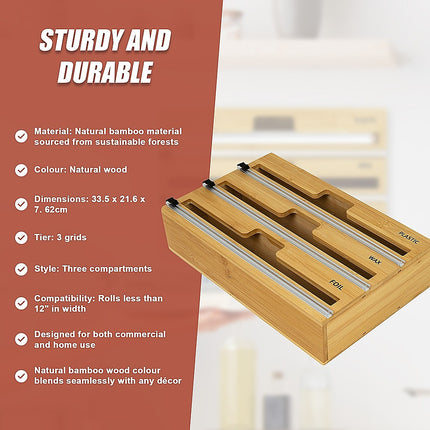 3 Grids Bamboo Food Wrap Dispenser Cutter Foil Cling Film Storage Holder Box Kitchen.