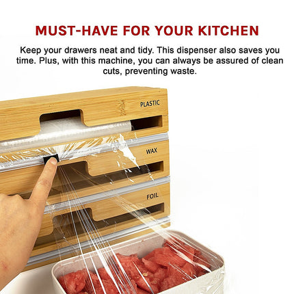 3 Grids Bamboo Food Wrap Dispenser Cutter Foil Cling Film Storage Holder Box Kitchen.