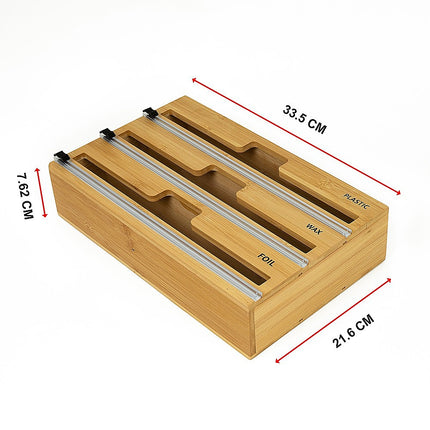 3 Grids Bamboo Food Wrap Dispenser Cutter Foil Cling Film Storage Holder Box Kitchen.