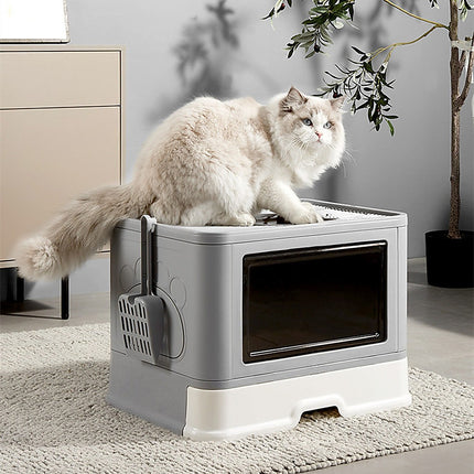 Jumbo Hooded Cat Litter Box Tray Pet Kitty Toilet for Large Cats w Hair Grooming.
