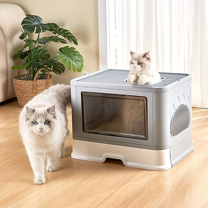 Jumbo Hooded Cat Litter Box Tray Pet Kitty Toilet for Large Cats w Hair Grooming.