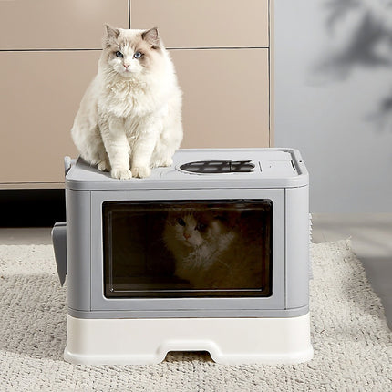 Jumbo Hooded Cat Litter Box Tray Pet Kitty Toilet for Large Cats w Hair Grooming.