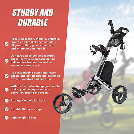 Golf Club Buggy Trolley Cart Compact Foldable 3 Wheel.