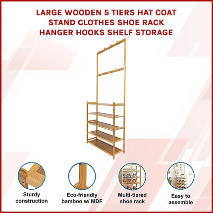 Large Wooden 5 Tiers Hat Coat Stand Clothes Shoe Rack Hanger Hooks Shelf Storage.