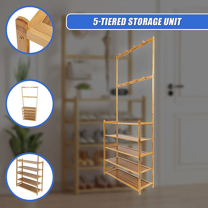 Large Wooden 5 Tiers Hat Coat Stand Clothes Shoe Rack Hanger Hooks Shelf Storage.