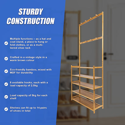 Large Wooden 5 Tiers Hat Coat Stand Clothes Shoe Rack Hanger Hooks Shelf Storage.