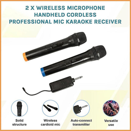 2 x Wireless Microphone Handheld Cordless Professional Mic Karaoke Receiver.