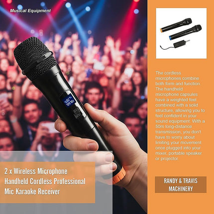 2 x Wireless Microphone Handheld Cordless Professional Mic Karaoke Receiver.