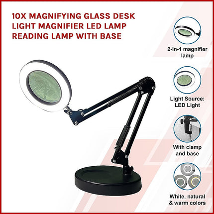 10X Magnifying Glass Desk Light Magnifier LED Lamp Reading Lamp With Base.