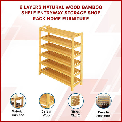 6 Layers Natural Wood Bamboo Shelf Entryway Storage Shoe Rack Home Furniture.