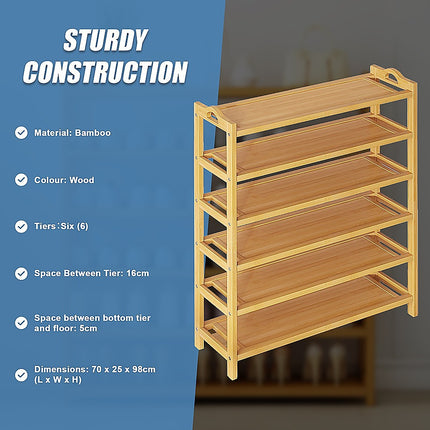 6 Layers Natural Wood Bamboo Shelf Entryway Storage Shoe Rack Home Furniture.