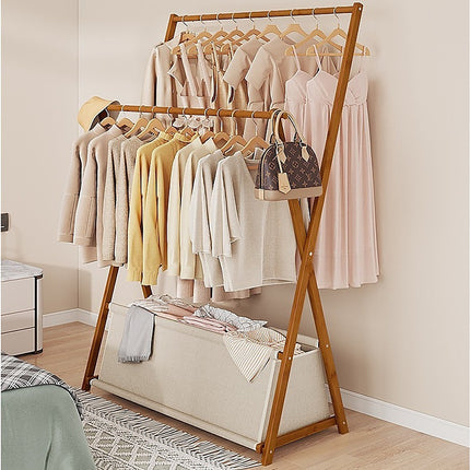 100x155cm Dark Wood Clothes Rail Garment Rack with Freestanding Storage Shelf.