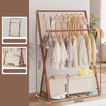 100x155cm Dark Wood Clothes Rail Garment Rack with Freestanding Storage Shelf.