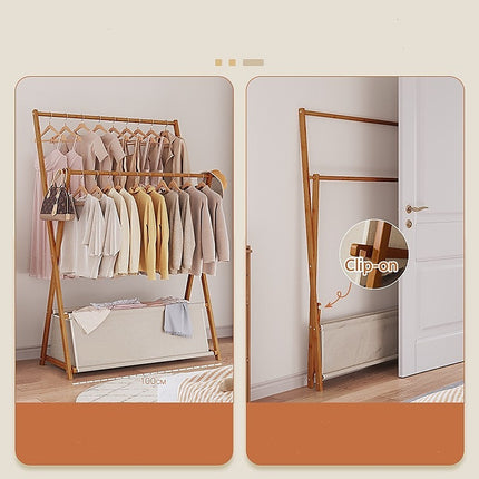 100x155cm Dark Wood Clothes Rail Garment Rack with Freestanding Storage Shelf.