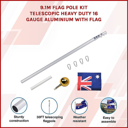 9.1m Flag Pole Kit Telescopic Heavy Duty 16 Gauge Aluminium with Flag.