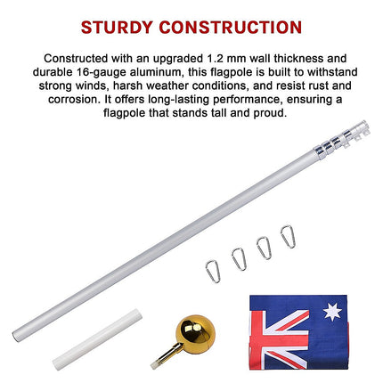 9.1m Flag Pole Kit Telescopic Heavy Duty 16 Gauge Aluminium with Flag.