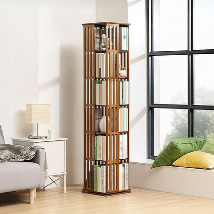 360 Rotating Bookshelf Bamboo Storage Display Rack Shelving in Dark Wood.