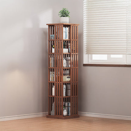 360 Rotating Bookshelf Bamboo Storage Display Rack Shelving in Dark Wood.