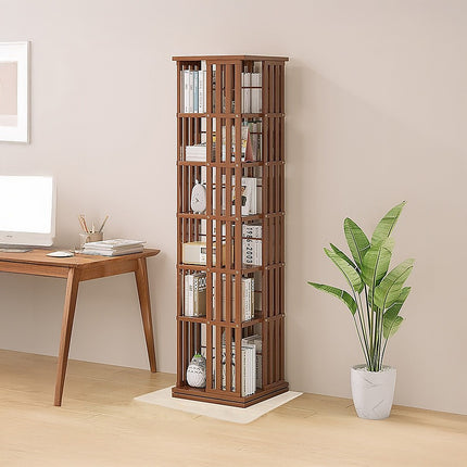 360 Rotating Bookshelf Bamboo Storage Display Rack Shelving in Dark Wood.