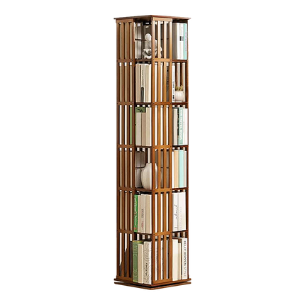 360 Rotating Bookshelf Bamboo Storage Display Rack Shelving in Dark Wood.