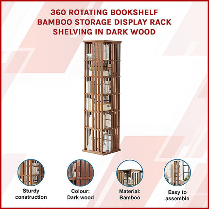 360 Rotating Bookshelf Bamboo Storage Display Rack Shelving in Dark Wood.