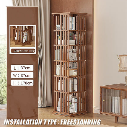 360 Rotating Bookshelf Bamboo Storage Display Rack Shelving in Dark Wood.