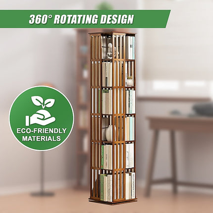 360 Rotating Bookshelf Bamboo Storage Display Rack Shelving in Dark Wood.