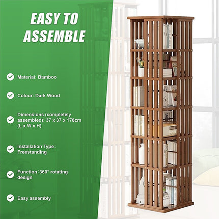 360 Rotating Bookshelf Bamboo Storage Display Rack Shelving in Dark Wood.