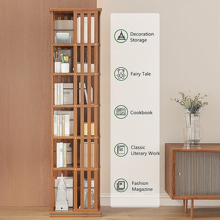 360 Rotating Bookshelf Bamboo Storage Display Rack Shelving in Dark Wood.