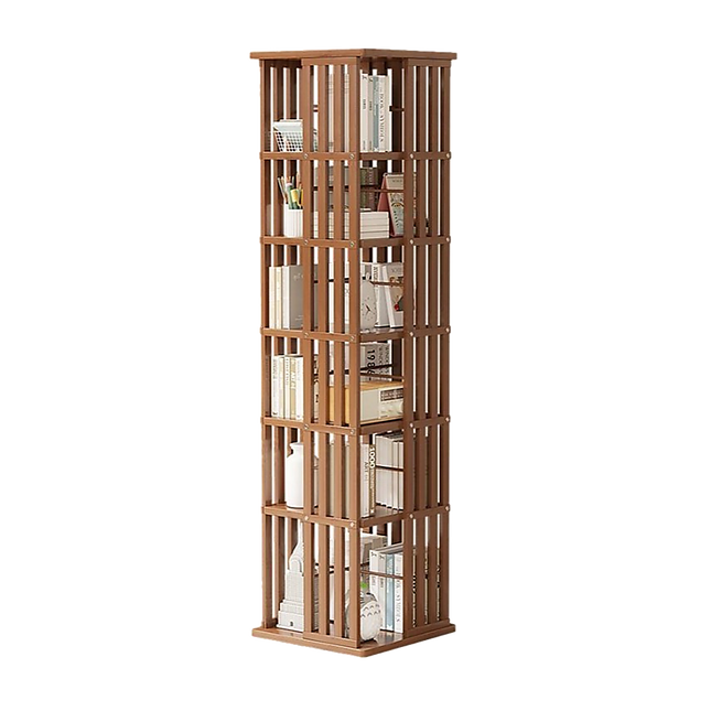 360 Rotating Bookshelf Bamboo Storage Display Rack Shelving in Dark Wood.