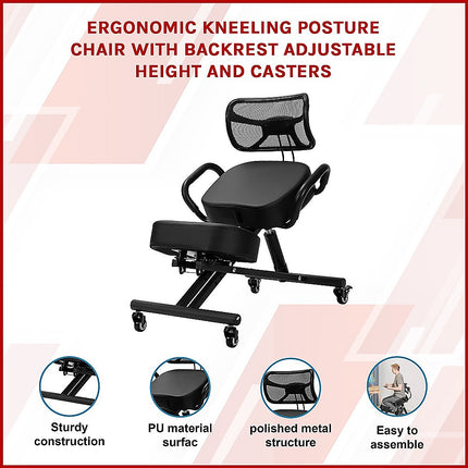 Ergonomic Kneeling Posture Chair with Backrest Adjustable Height and Casters.