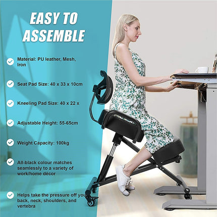 Ergonomic Kneeling Posture Chair with Backrest Adjustable Height and Casters.