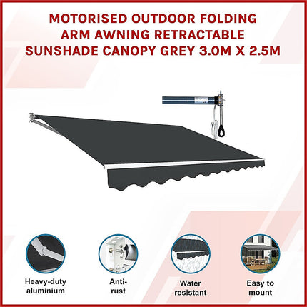 Motorised Outdoor Folding Arm Awning Retractable Sunshade Canopy Grey 3.0m x 2.5m.