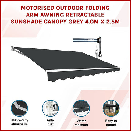 Motorised Outdoor Folding Arm Awning Retractable Sunshade Canopy Grey 4.0m x 2.5m.