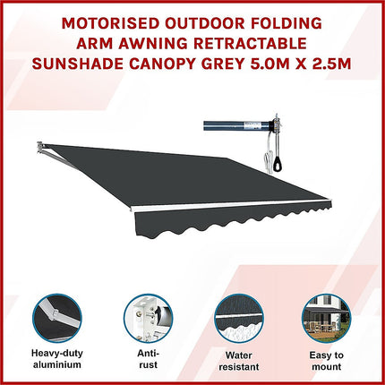 Motorised Outdoor Folding Arm Awning Retractable Sunshade Canopy Grey 5.0m x 2.5m.