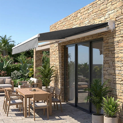 Motorised Outdoor Folding Arm Awning Retractable Sunshade Canopy Grey 5.0m x 2.5m.