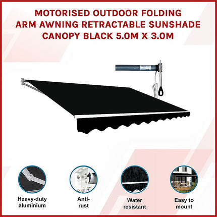 Motorised Outdoor Folding Arm Awning Retractable Sunshade Canopy Black 5.0m x 3.0m.
