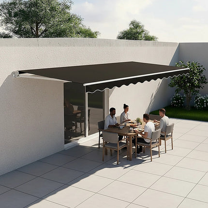 Motorised Outdoor Folding Arm Awning Retractable Sunshade Canopy Black 5.0m x 3.0m.
