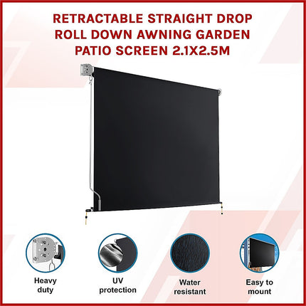 Retractable Straight Drop Roll Down Awning Garden Patio Screen 2.1X2.5M.