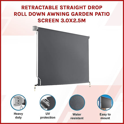 Retractable Straight Drop Roll Down Awning Garden Patio Screen 3.0X2.5M.