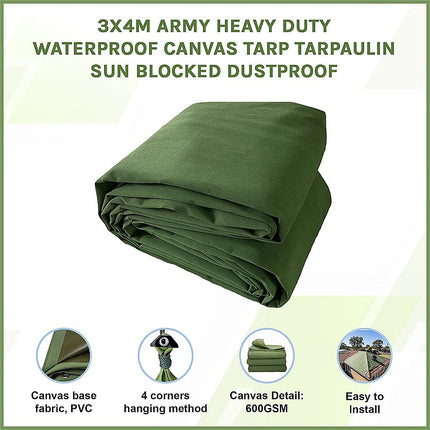 3x4M Army Heavy Duty Waterproof Canvas Tarp Tarpaulin Sun Blocked Dustproof.