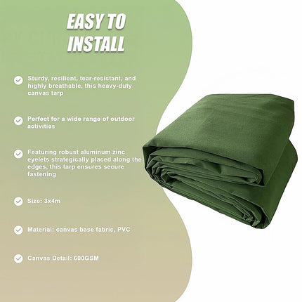 3x4M Army Heavy Duty Waterproof Canvas Tarp Tarpaulin Sun Blocked Dustproof.