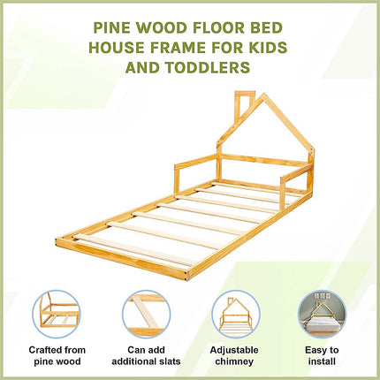 Pine Wood Floor Bed House Frame for Kids and Toddlers.