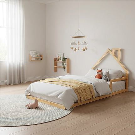 Pine Wood Floor Bed House Frame for Kids and Toddlers.